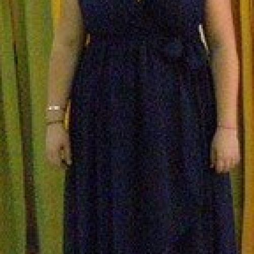 Vestido de fiesta azul, visto de frente (1). (Confeccionado en el año 2010)