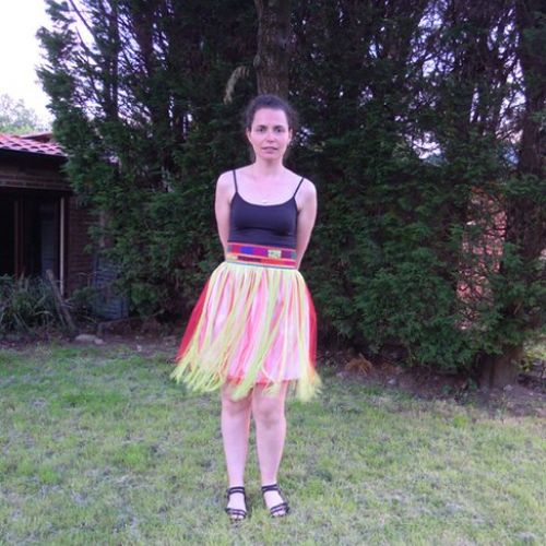 Falda étnico vintage con cinturilla de telas afganas, tul y fleco de cuquillo